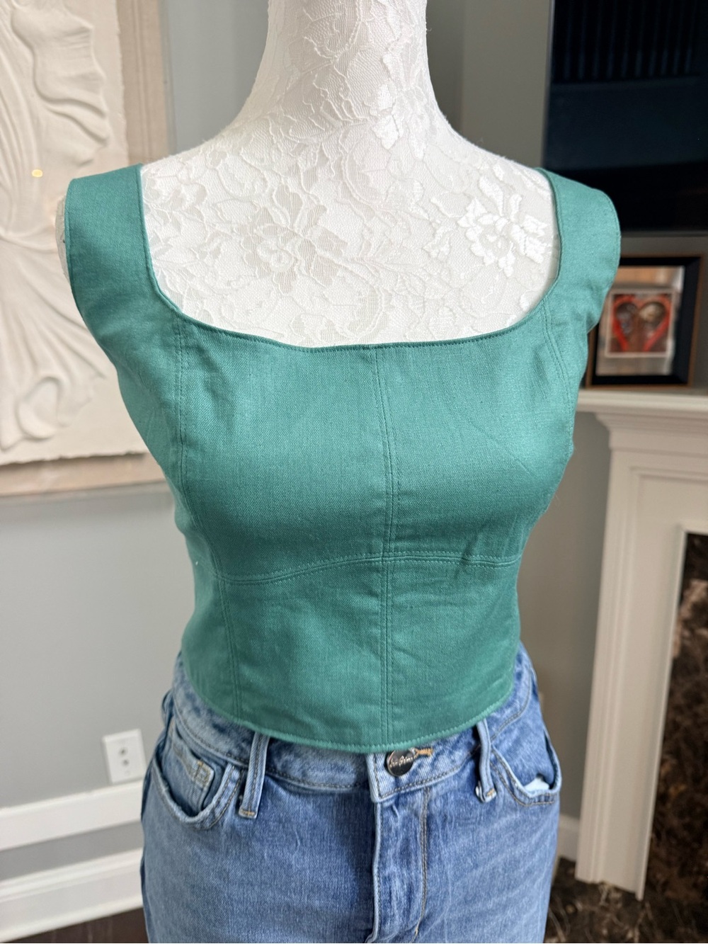 Banana Republic Emerald Green Linen-Blend Square-Neck Smocked Crop Top Size 6